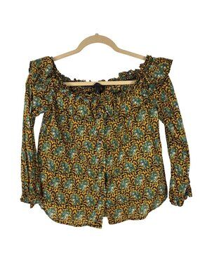 ✨3/$30 J.Crew 4 S Off-Shoulder Elephant Print Blouse Long Sleeve Green Yellow